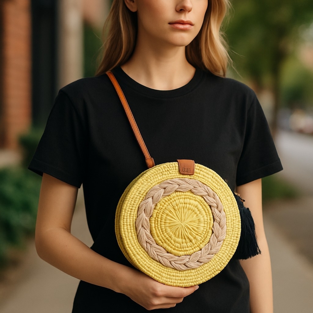 Hand Crafted Bali Yellow & Beige Tassel Rattan Circle Crossbody Bag